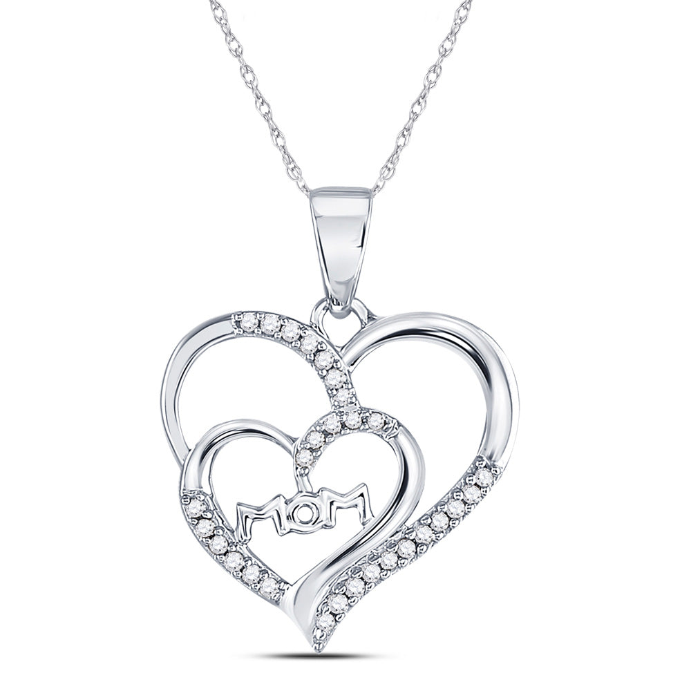 10kt White Gold Womens Round Diamond Mom Double Heart Pendant 1/8 Cttw