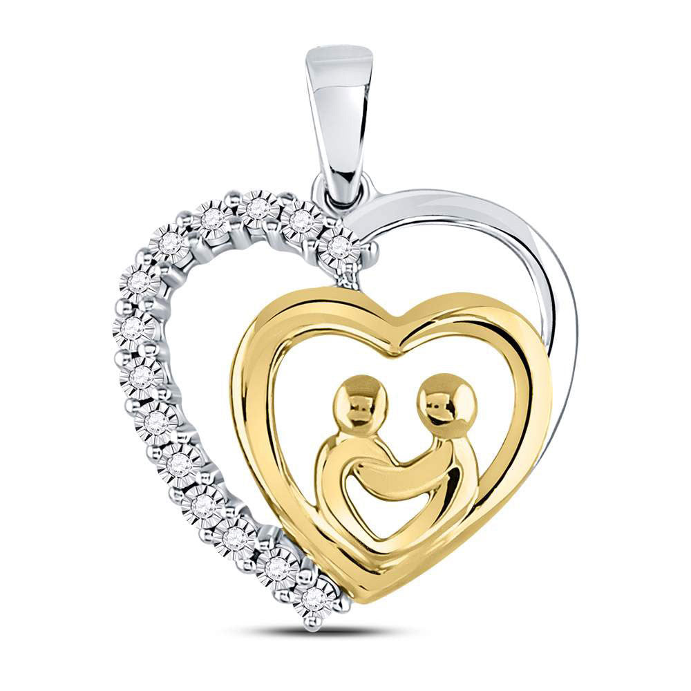 10kt Two-tone Gold Womens Round Diamond Mom Child Heart Pendant 1/20 Cttw