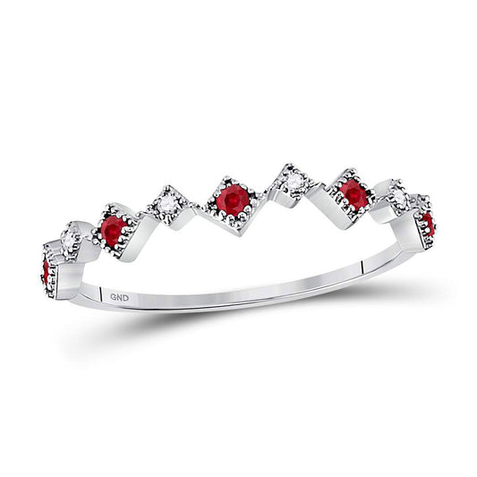 10kt White Gold Womens Round Ruby Diamond Milgrain Square Stackable Band Ring 1/8 Cttw