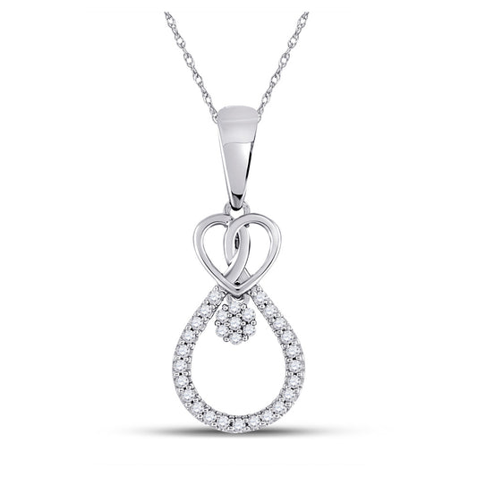 10kt White Gold Womens Round Diamond Heart Teardrop Cluster Pendant 1/10 Cttw