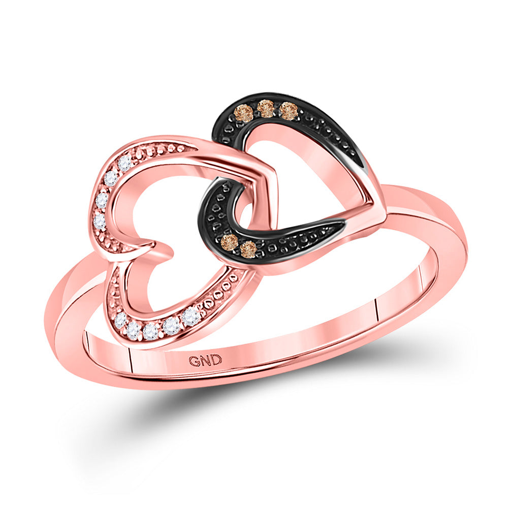 10kt Rose Gold Womens Round Brown Diamond Double Heart Ring 1/20 Cttw