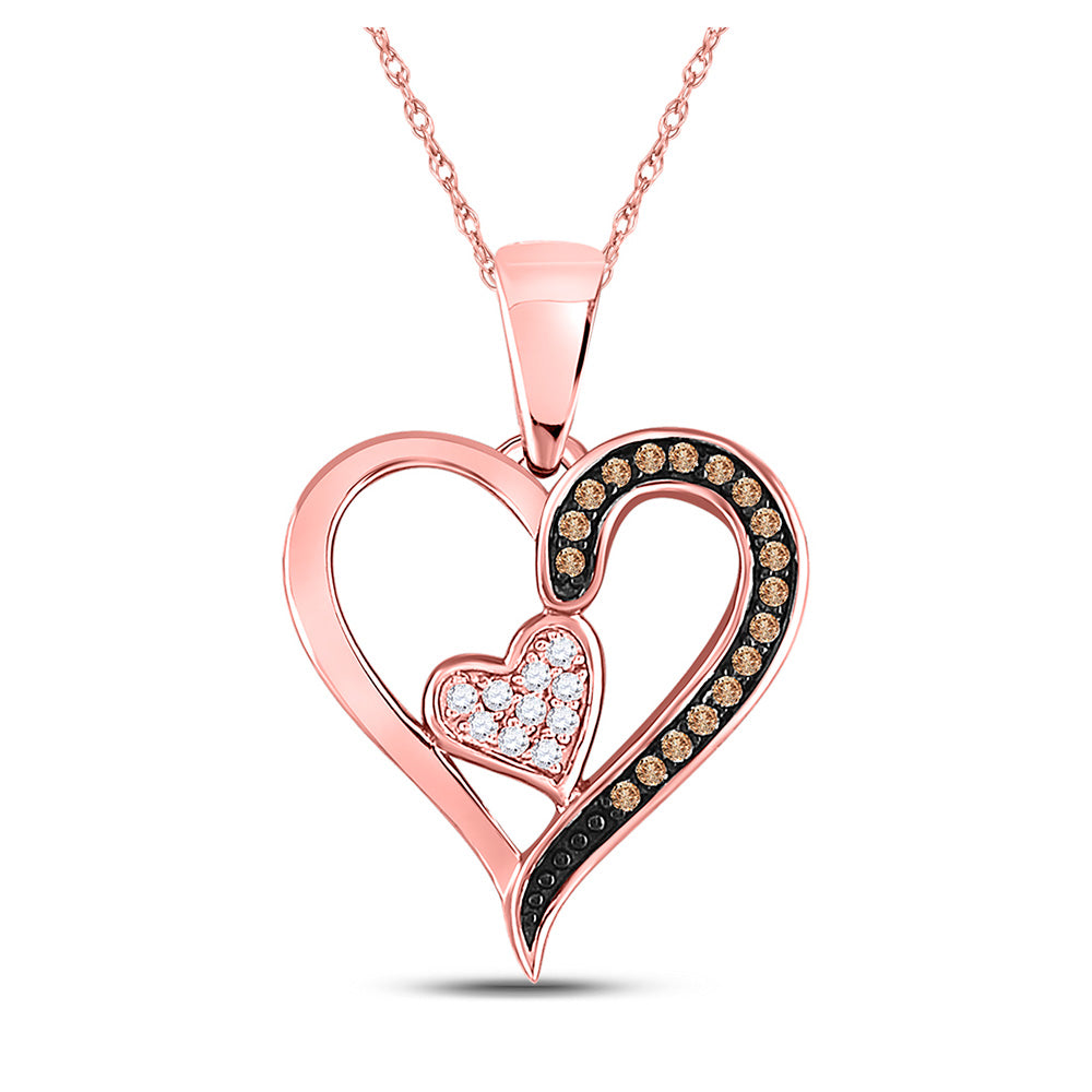 10kt Rose Gold Womens Round Brown Diamond Heart Pendant 1/10 Cttw