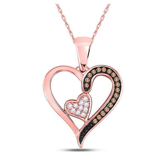 10kt Rose Gold Womens Round Brown Diamond Heart Pendant 1/10 Cttw