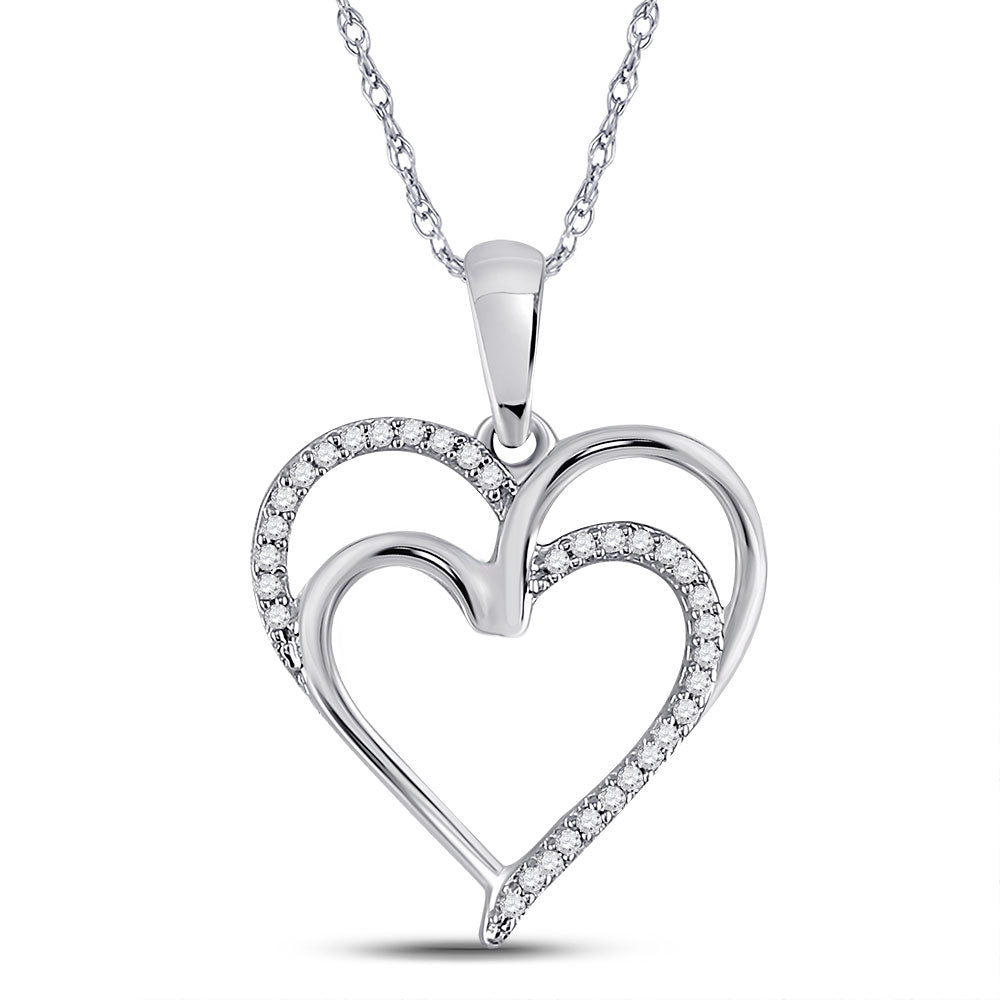 Sterling Silver Womens Round Diamond Double Heart Pendant 1/10 Cttw