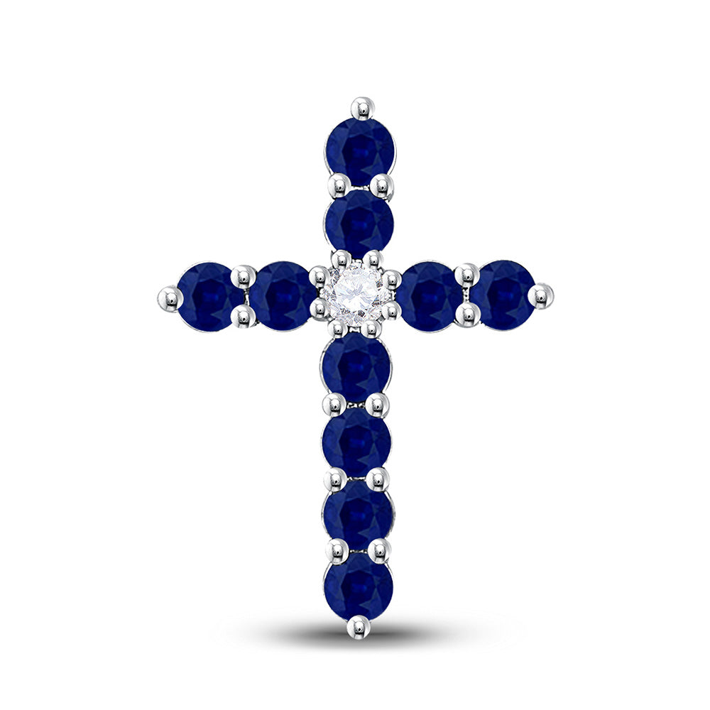 10kt White Gold Womens Round Synthetic Blue Sapphire Cross Pendant 7/8 Cttw