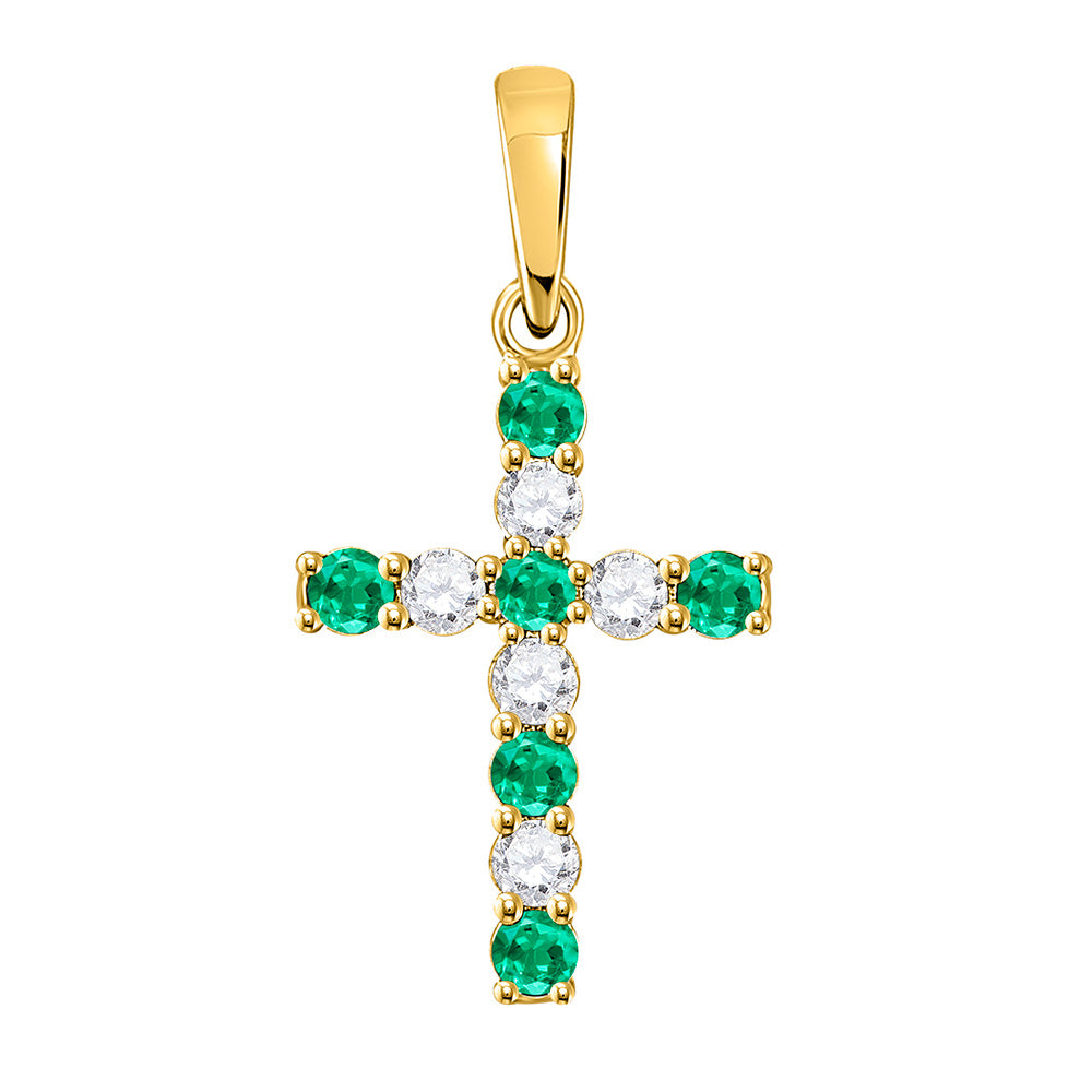 10kt Yellow Gold Womens Round Synthetic Emerald Cross Pendant 1/3 Cttw