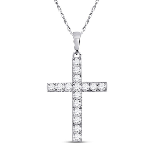 10kt White Gold Womens Round Diamond Cross Pendant 1/2 Cttw