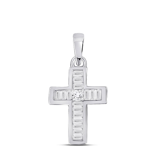 10kt White Gold Womens Princess Diamond Small Cross Pendant 1/6 Cttw