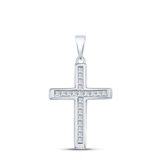 10kt White Gold Womens Princess Diamond Cross Pendant 1/4 Cttw