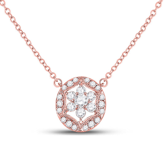 14kt Rose Gold Womens Round Diamond Floral Cluster Necklace 1/3 Cttw