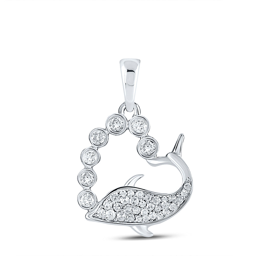 10kt White Gold Womens Round Diamond Whale Heart Pendant 1/4 Cttw