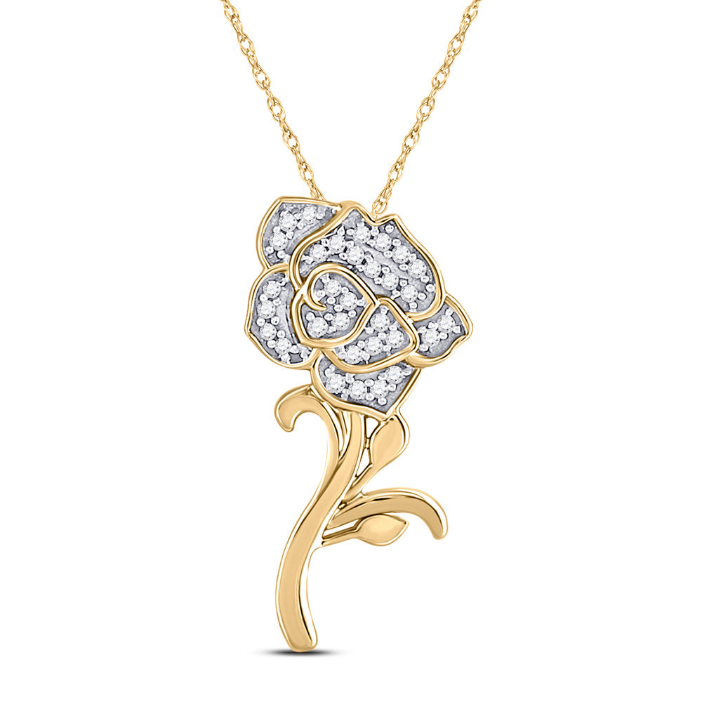 10kt Yellow Gold Womens Round Diamond Rose Flower Pendant 1/10 Cttw