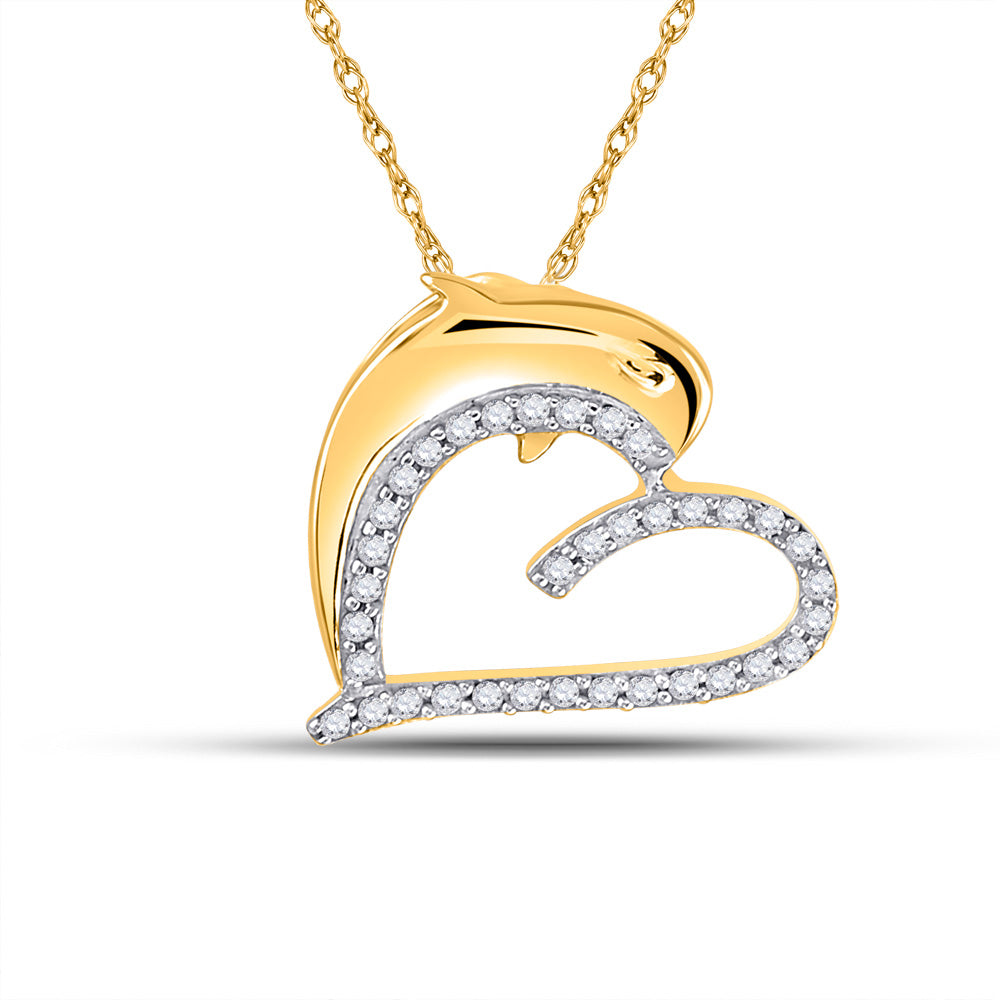 10kt Yellow Gold Womens Round Diamond Heart Dolphin Pendant 1/5 Cttw