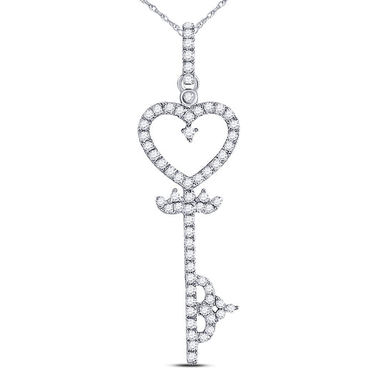 10kt White Gold Womens Round Diamond Key Heart Pendant 1/5 Cttw