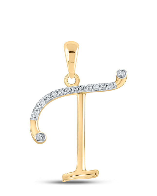 10kt Yellow Gold Womens Round Diamond T Initial Letter Pendant 1/10 Cttw
