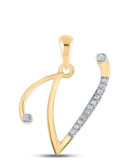 10kt Yellow Gold Womens Round Diamond V Initial Letter Pendant 1/20 Cttw