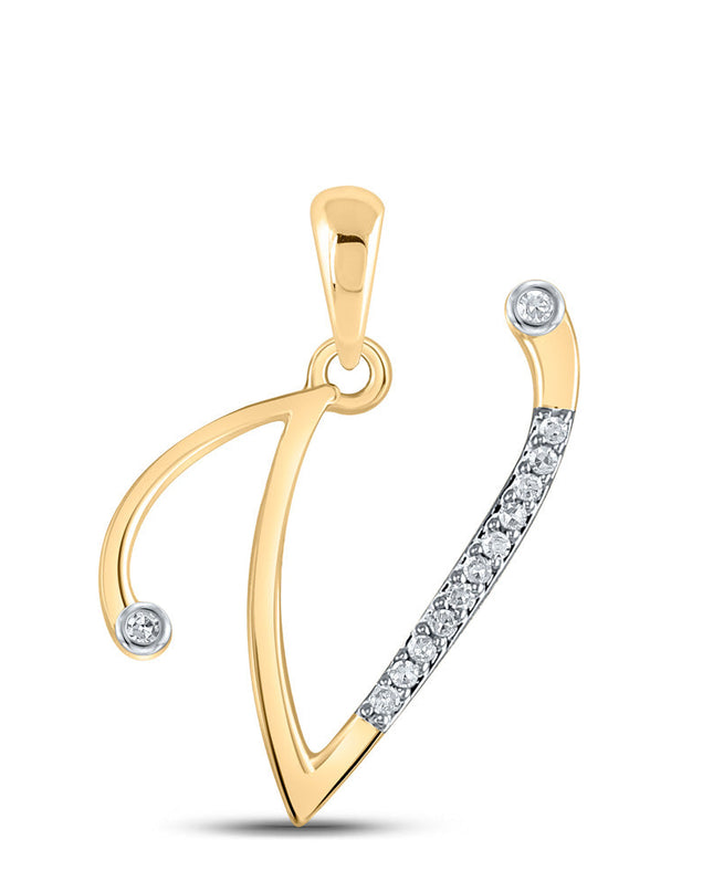 10kt Yellow Gold Womens Round Diamond V Initial Letter Pendant 1/20 Cttw