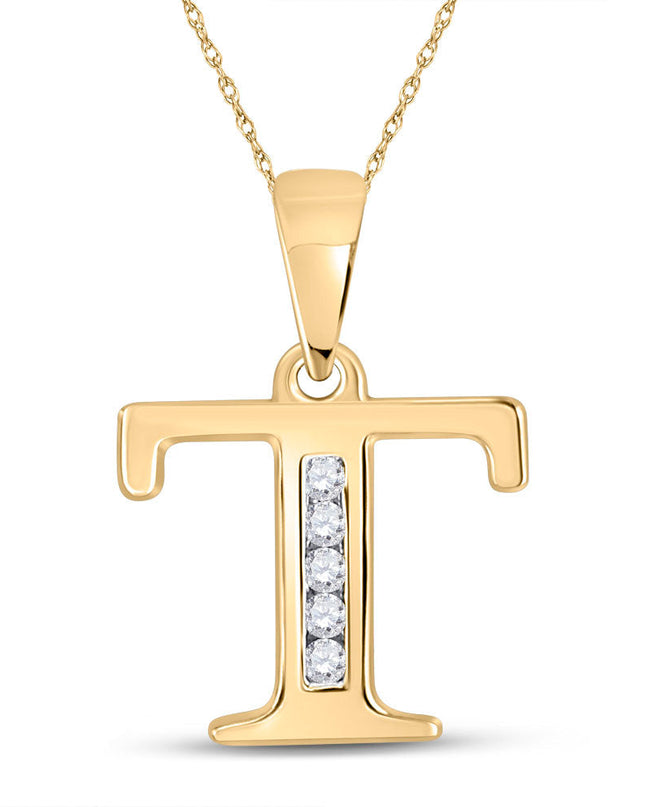 10kt Yellow Gold Womens Round Diamond T Initial Letter Pendant 1/20 Cttw