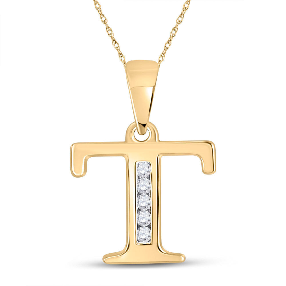 10kt Yellow Gold Womens Round Diamond T Initial Letter Pendant 1/20 Cttw