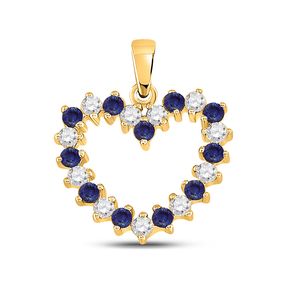 10kt Yellow Gold Womens Round Blue Sapphire Diamond Heart Pendant 1/2 Cttw