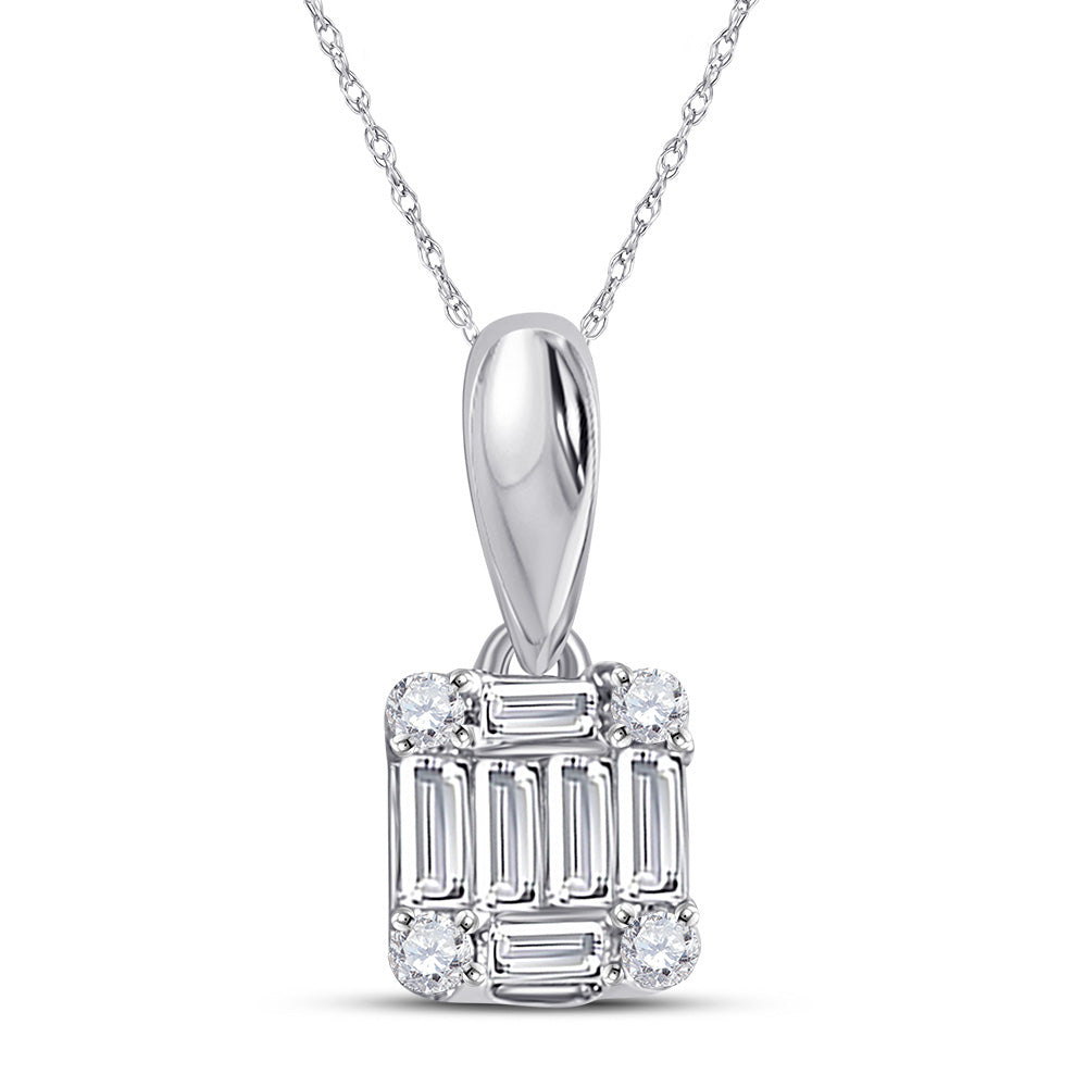 14kt White Gold Womens Baguette Diamond Fashion Cluster Pendant 1/8 Cttw