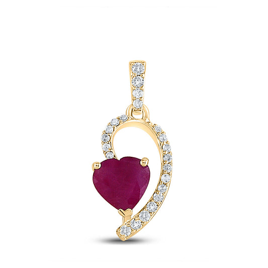 10kt Yellow Gold Womens Heart Ruby Diamond Fashion Pendant 5/8 Cttw