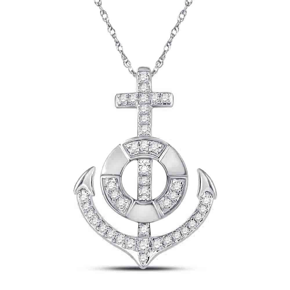 10kt White Gold Womens Round Diamond Anchor Nautical Pendant 1/5 Cttw