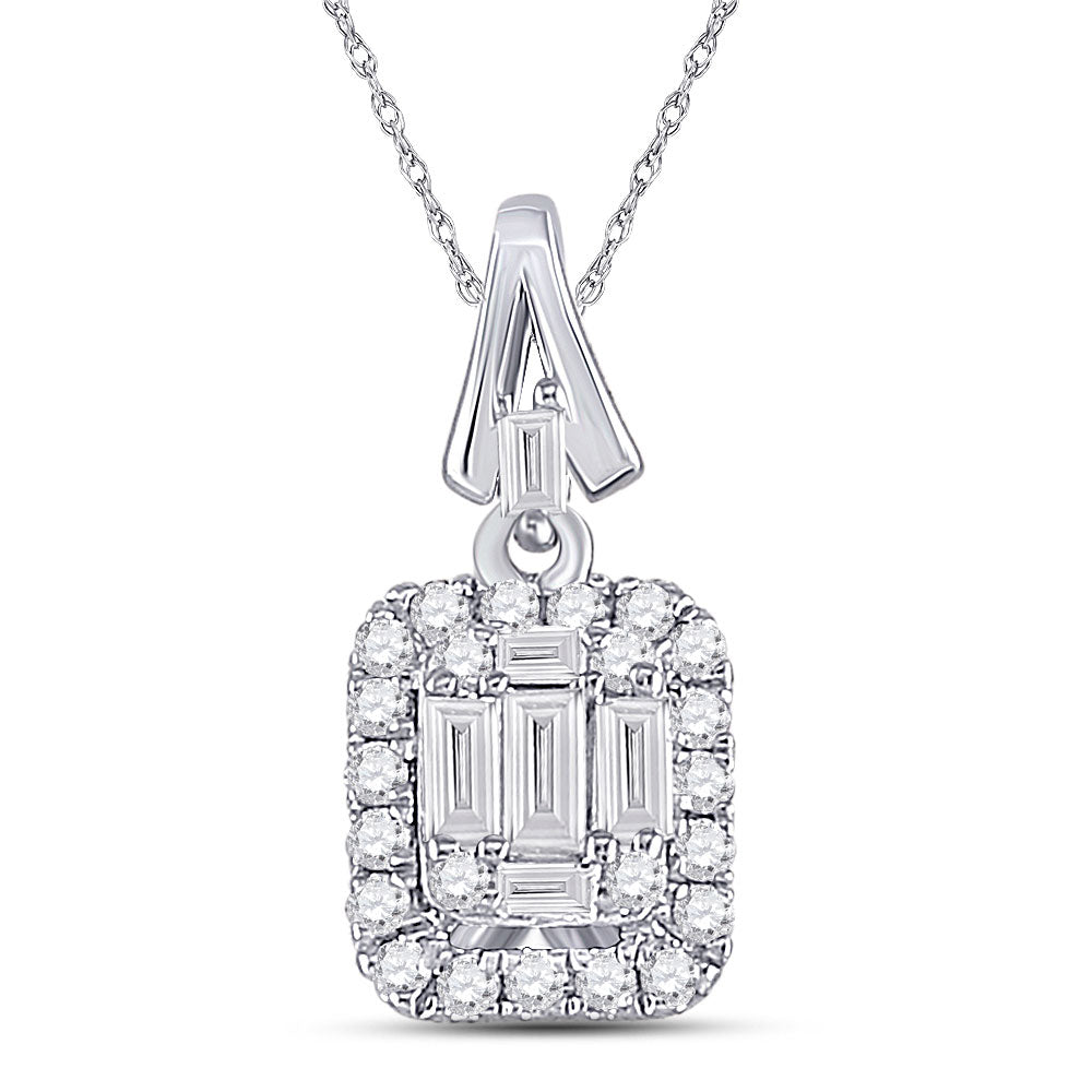 14kt White Gold Womens Baguette Diamond Square Cluster Pendant 1/4 Cttw