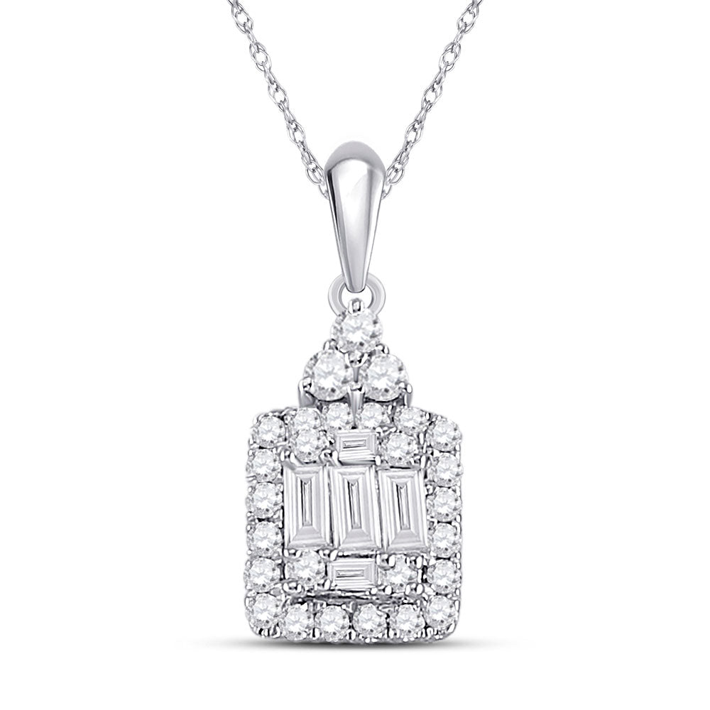 14kt White Gold Womens Baguette Diamond Square Cluster Pendant 1/3 Cttw