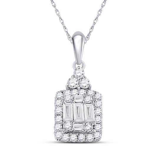 14kt White Gold Womens Baguette Diamond Square Cluster Pendant 1/3 Cttw