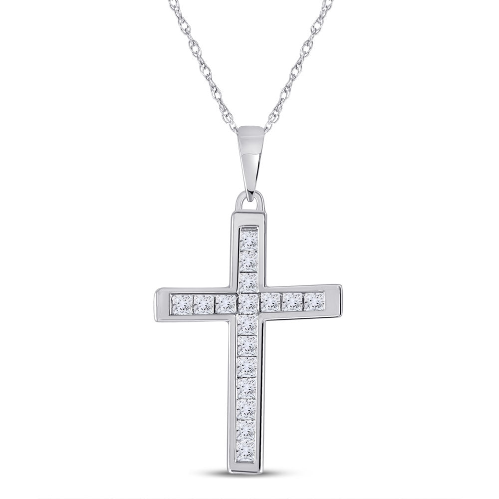 10kt White Gold Womens Princess Diamond Cross Pendant 1/3 Cttw