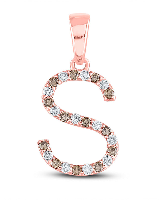 10kt Rose Gold Womens Round Brown Diamond Initial S Letter Pendant 1/5 Cttw