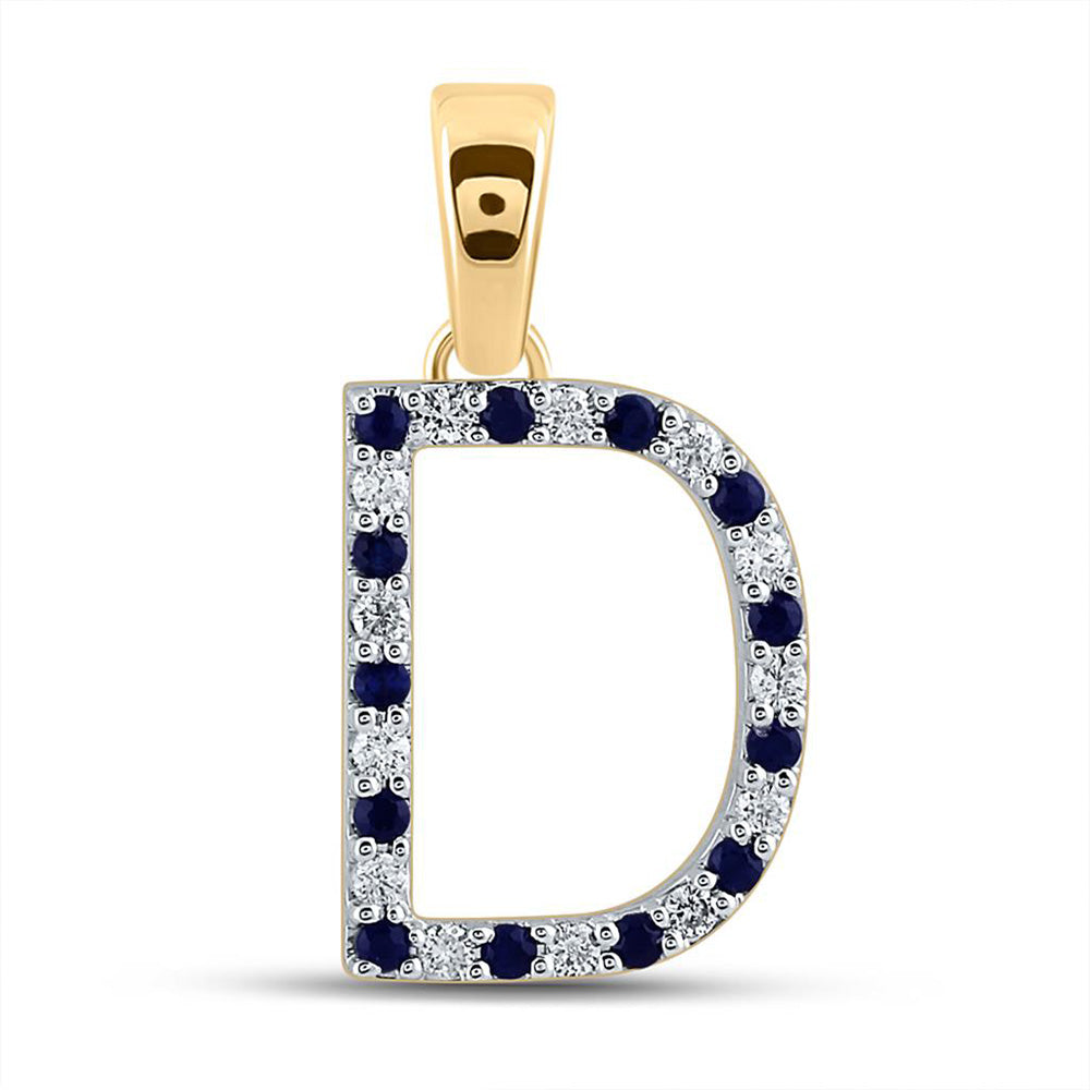 10kt Yellow Gold Womens Round Blue Sapphire Diamond D Letter Pendant 1/4 Cttw