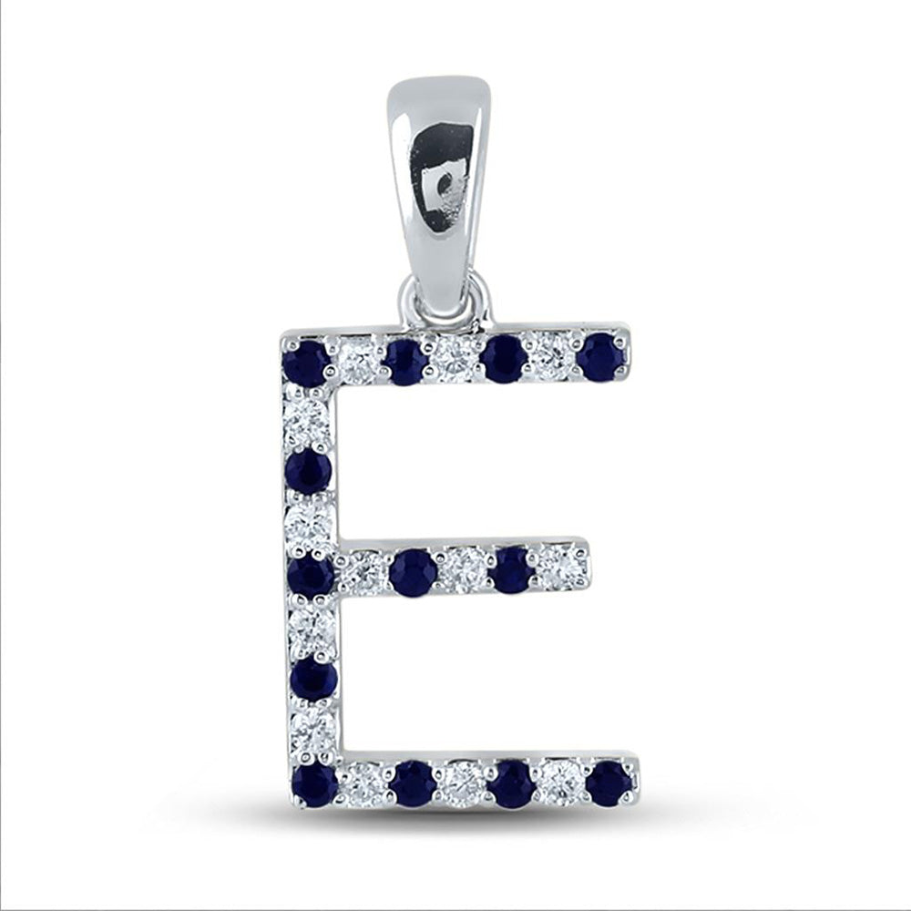 10kt White Gold Womens Round Blue Sapphire Diamond E Letter Pendant 1/5 Cttw