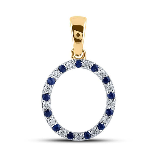 10kt Yellow Gold Womens Round Synthetic Blue Sapphire Diamond O Letter Pendant 1/4 Cttw