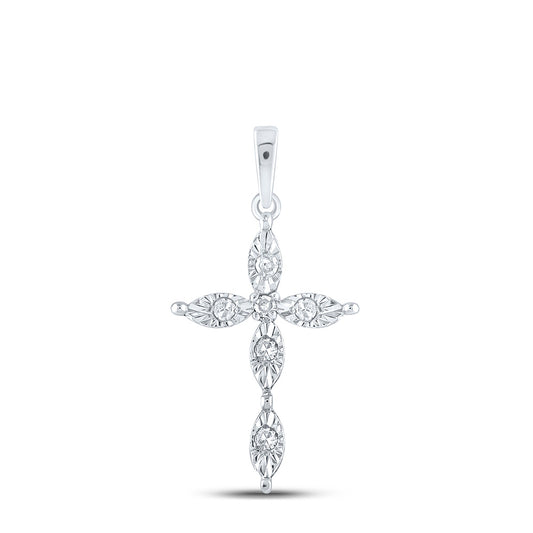 Sterling Silver Womens Round Diamond Cross Pendant 1/20 Cttw