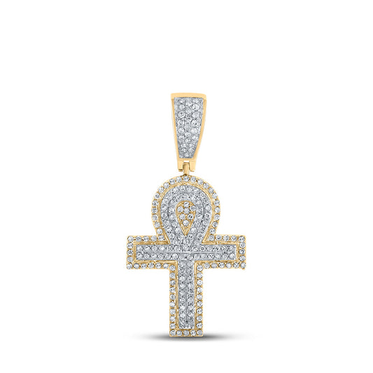 10kt Two-tone Gold Mens Round Diamond Ankh Cross Charm Pendant 1/2 Cttw