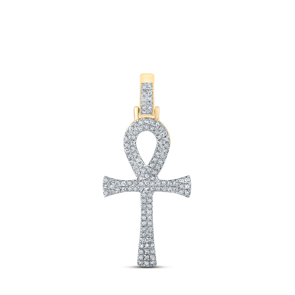 10kt Yellow Gold Mens Round Diamond Ankh Cross Charm Pendant 1/3 Cttw