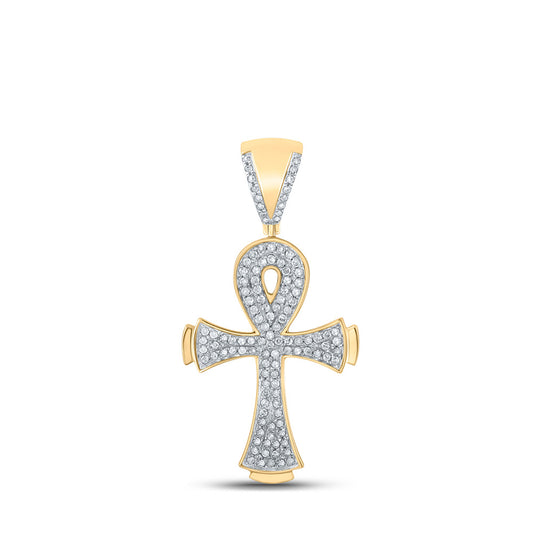 10kt Yellow Gold Mens Round Diamond Ankh Cross Charm Pendant 1/3 Cttw