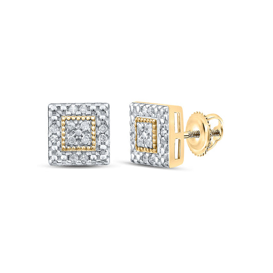 Yellow-tone Sterling Silver Womens Round Diamond Square Earrings 1/8 Cttw