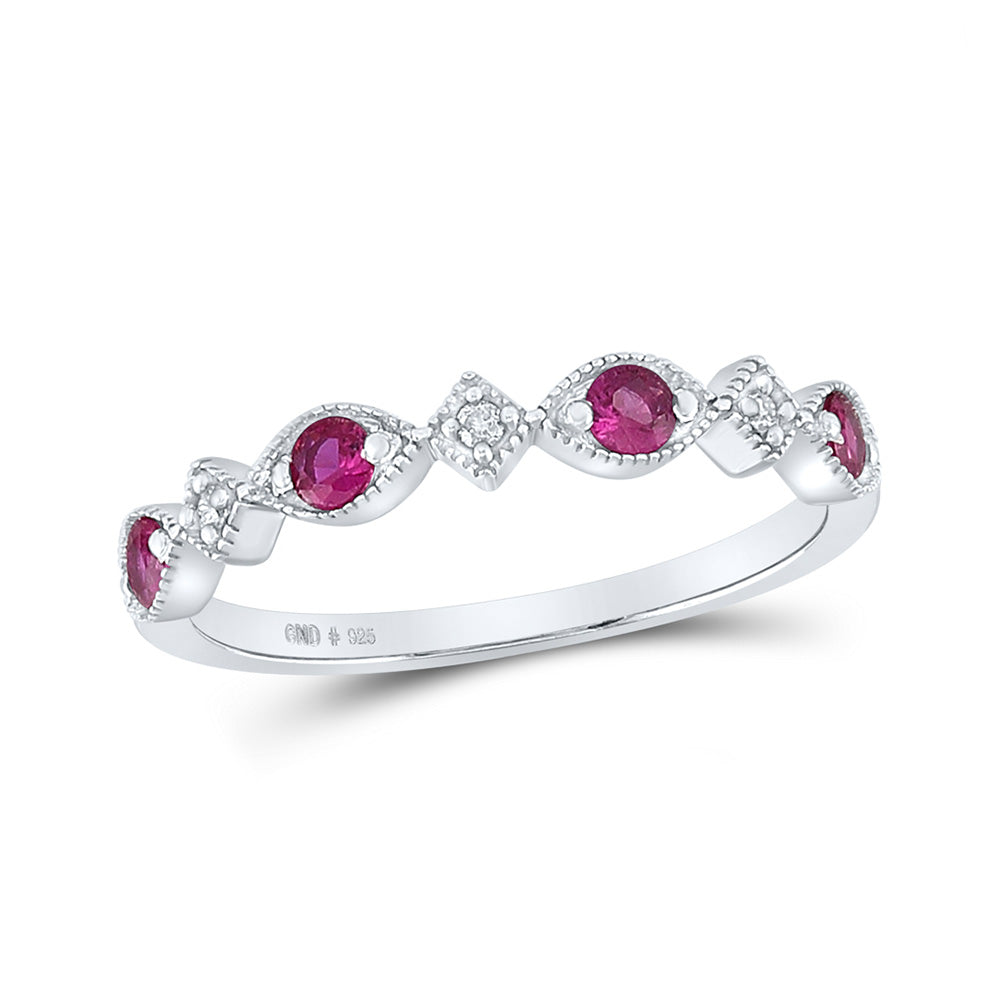 Sterling Silver Womens Round Synthetic Ruby Diamond Band Ring 1/3 Cttw