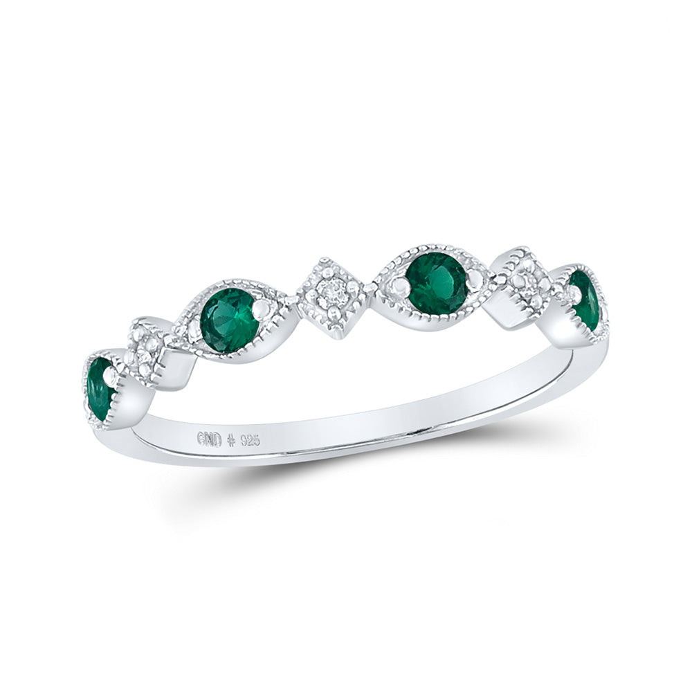 Sterling Silver Womens Round Synthetic Emerald Diamond Band Ring 1/4 Cttw