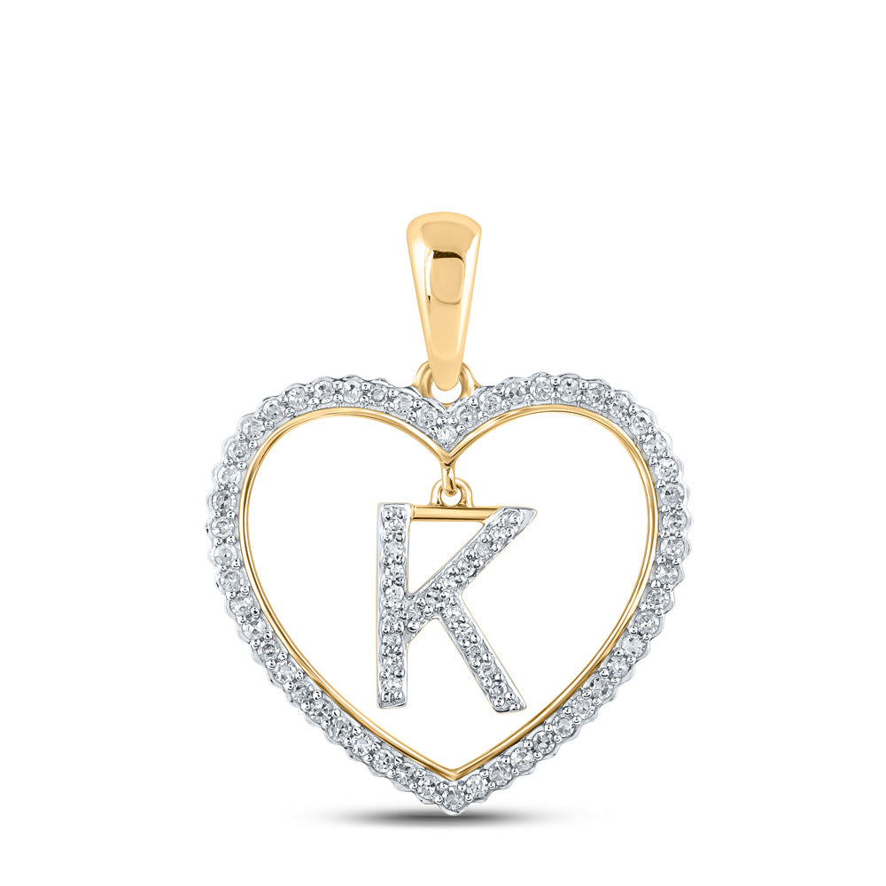 10kt Yellow Gold Womens Round Diamond Heart K Letter Pendant 1/4 Cttw