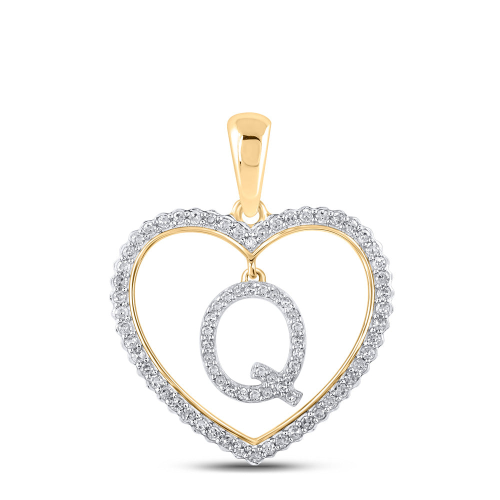 10kt Yellow Gold Womens Round Diamond Heart Q Letter Pendant 1/4 Cttw