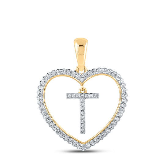 10kt Yellow Gold Womens Round Diamond Heart T Letter Pendant 1/4 Cttw