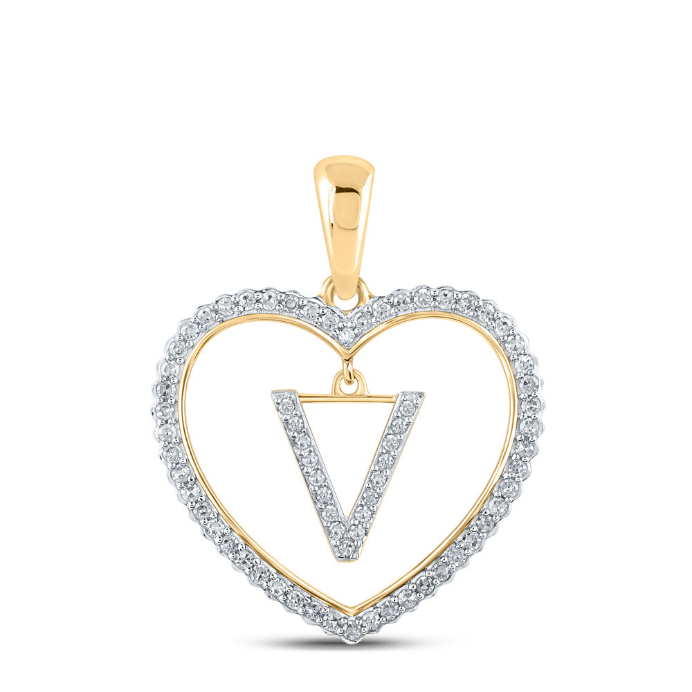 10kt Yellow Gold Womens Round Diamond Heart V Letter Pendant 1/4 Cttw