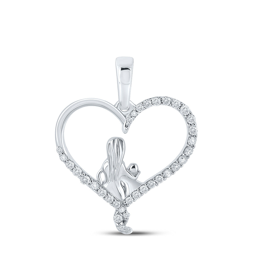 10kt White Gold Womens Round Diamond Mom Child Heart Pendant 1/5 Cttw