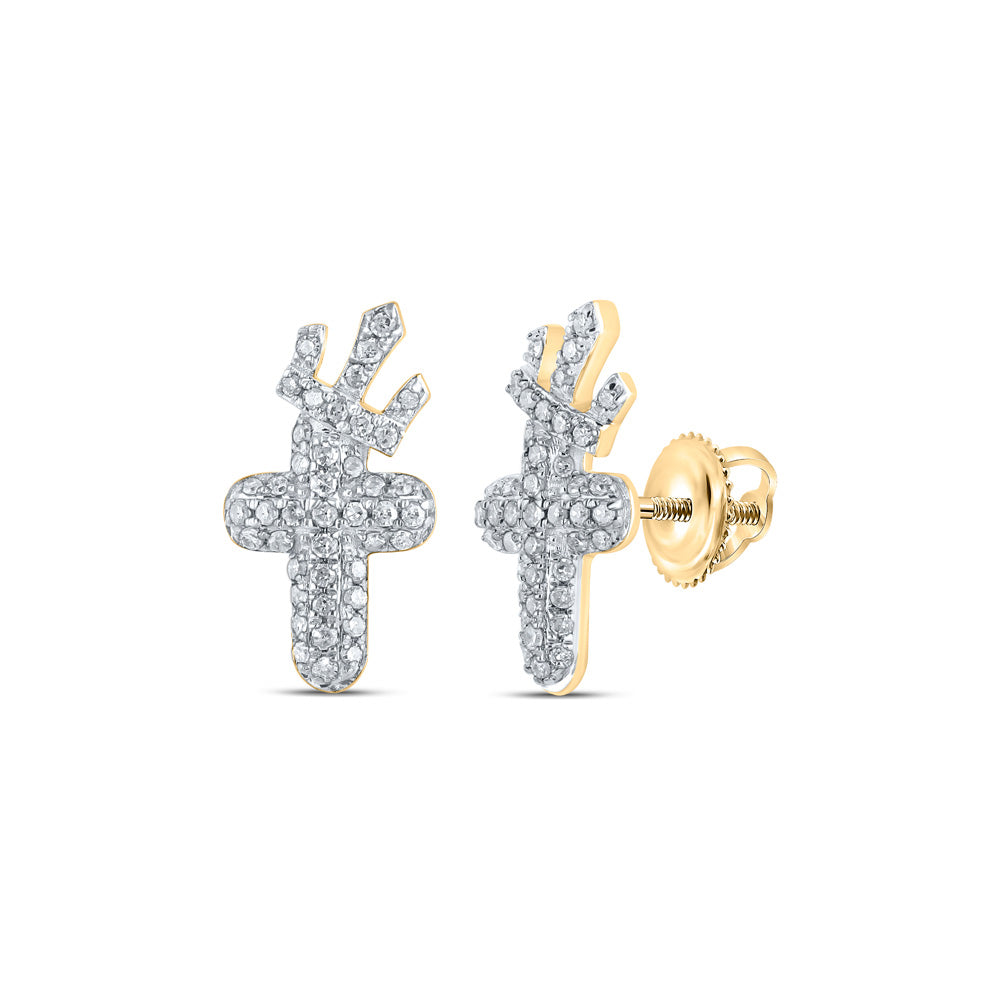 10kt Yellow Gold Womens Round Diamond Crown Cross Earrings 1/4 Cttw