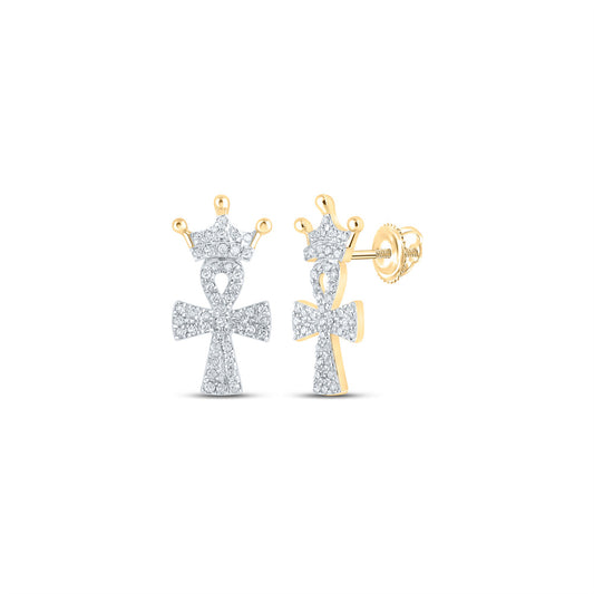 10kt Yellow Gold Womens Round Diamond Crown Ankh Cross Earrings 1/4 Cttw