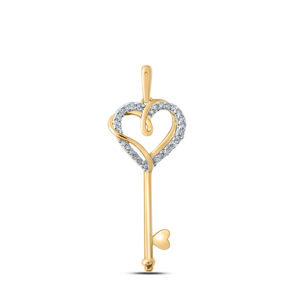 10kt Yellow Gold Womens Round Diamond Heart Key Pendant 1/12 Cttw